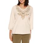 Alfred Dunner Cactus Ranch 3/4 Sleeve Embroidery Top