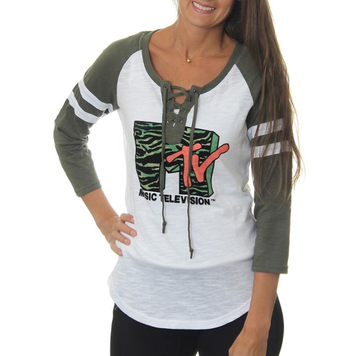 Mtv Juniors' Animal Stripes Logo Lace-up Graphic Raglan T-shirt With Flocking