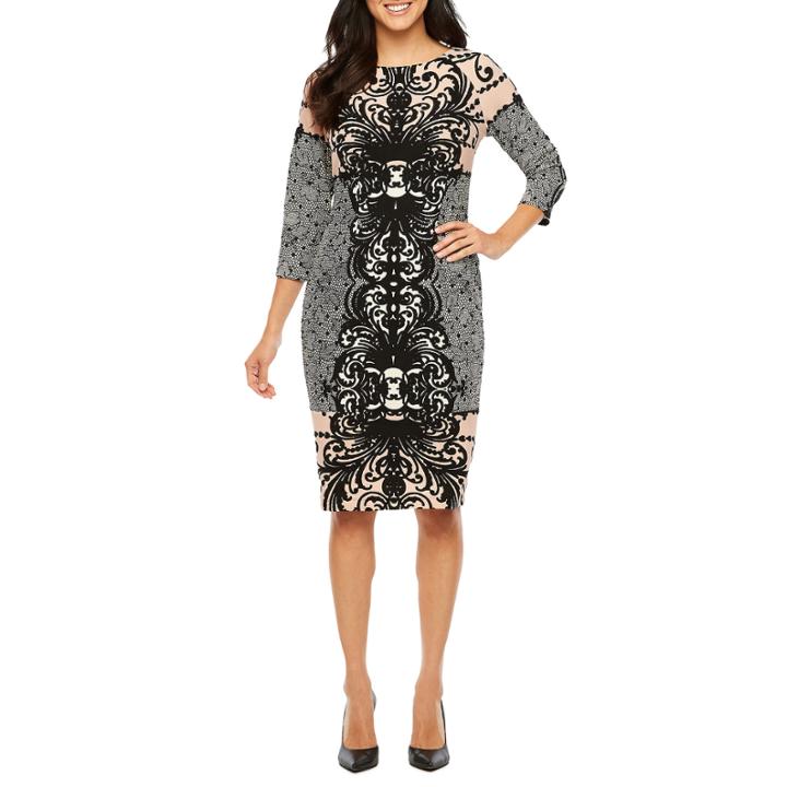 Rabbit Design Elbow Sleeve Damask Sheath Dress