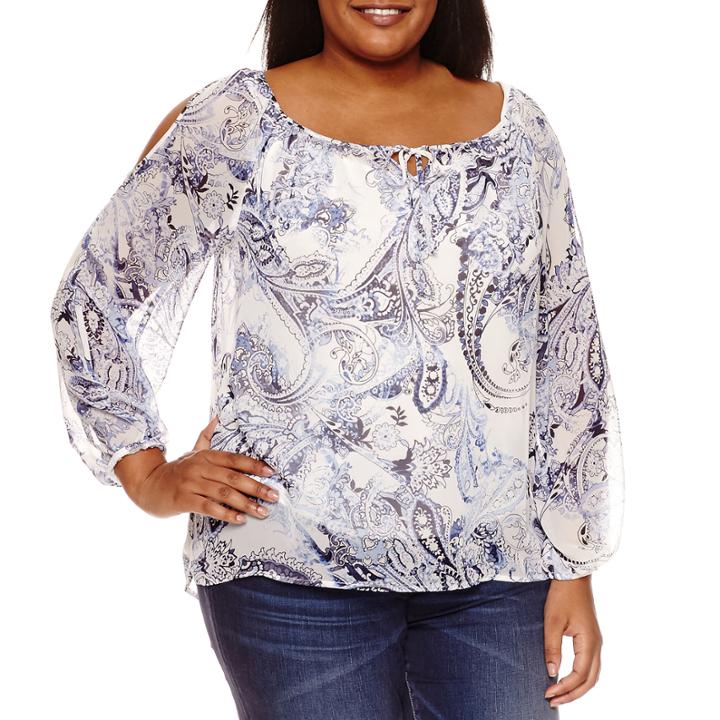 Alyx Long Sleeve Cold Shoulder Tie Neck Woven Blouse-plus