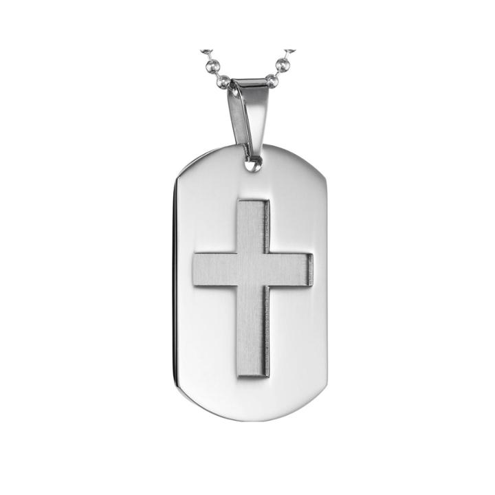 Mens Stainless Steel Dog Tag Pendant Necklace With Cut-out Cross
