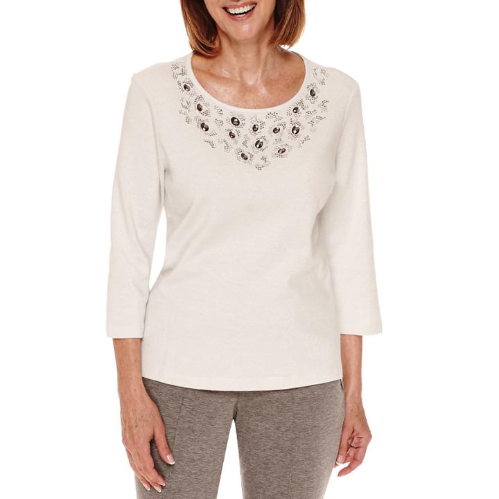 Alred Dunner Crescent City 3/4 Sleeve Beaded Yoke T-shirt - Petite