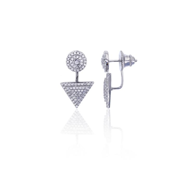 Sterling Silver Cubic Zirconia Round Triangle Double Stud Earring