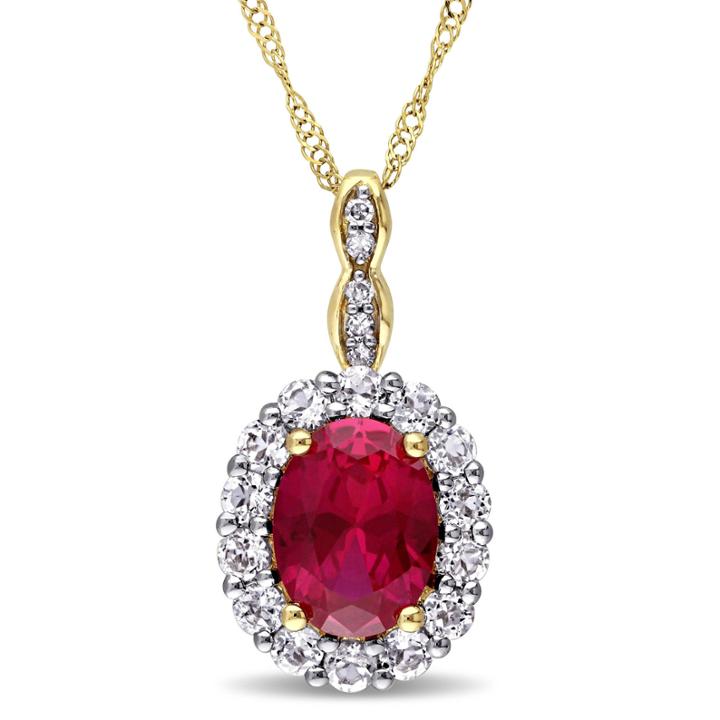 Womens Lab-created Red Ruby And Diamond Accent Pendant Necklace In 14k Gold