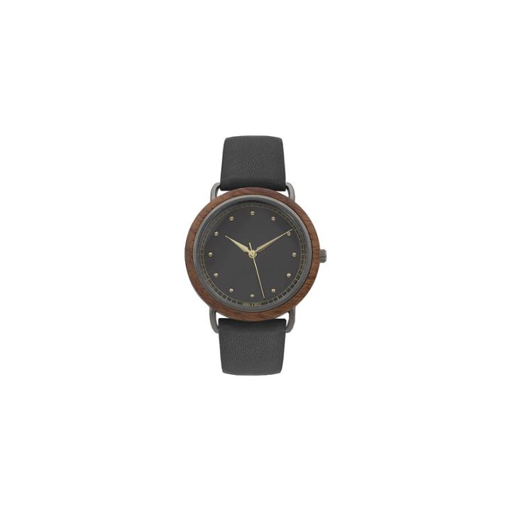 Geneva Platinum Wood Bezel Womens Black Strap Watch-10089