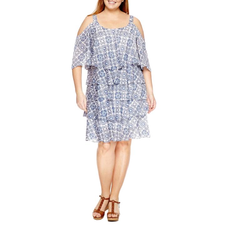 Robbie Bee Short Sleeve Cold Shoulder Tiered Sheath Dress-plus