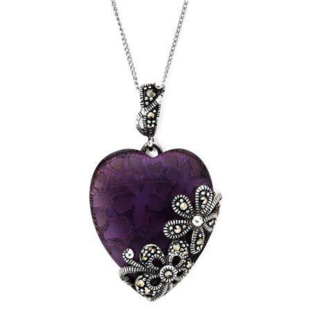 Marcasite And Glass Heart Sterling Silver Pendant Necklace