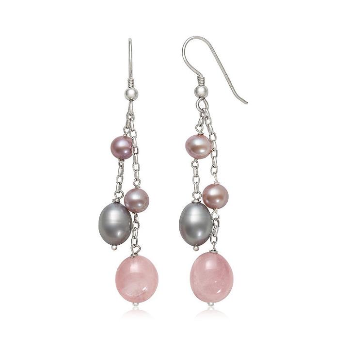 Pink Quartz Cultured Freshwater Pearls Sterling Silver Drop Earrings