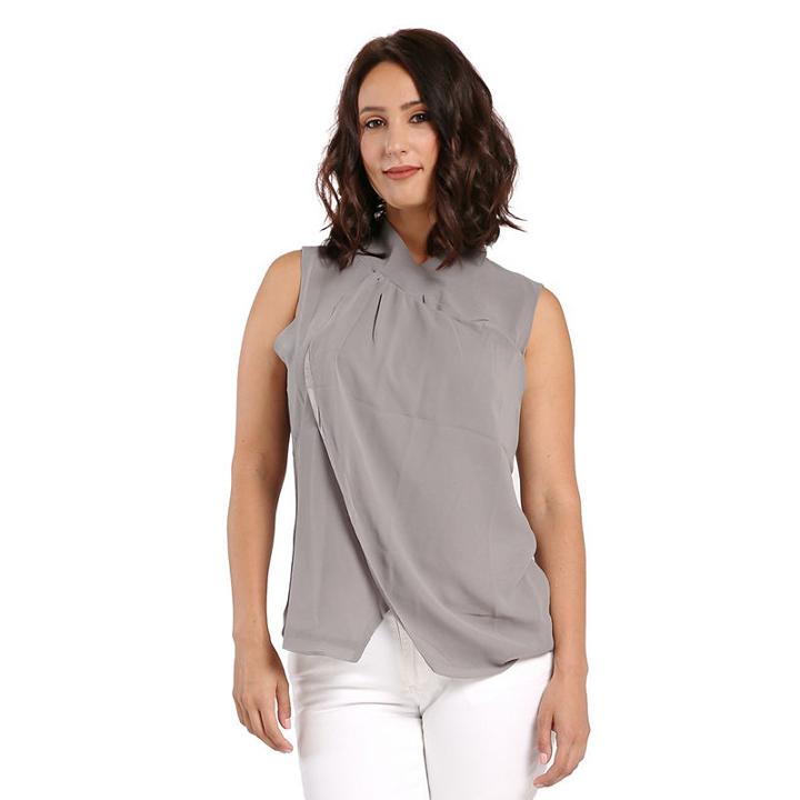 Womens Grey Twisted Collar Neckline Sleeveless Sheer Woven Blouses