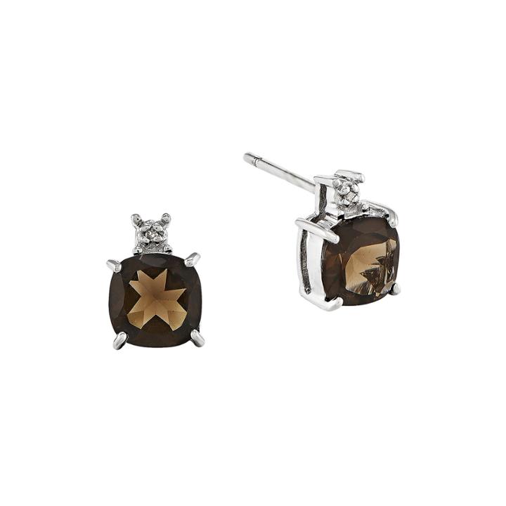 Genuine Brown Smoky Quartz And Diamond-accent 14k White Gold Stud Earrings