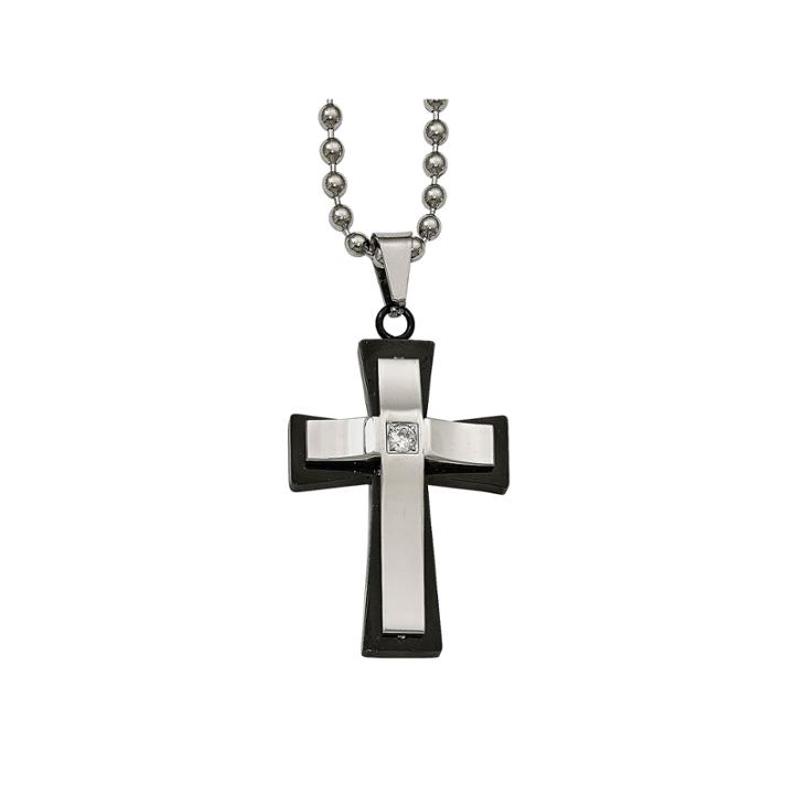 Mens Cubic Zirconia Stainless Steel Double Cross Pendant