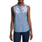 St. John's Bay Relaxed Fit Sleeveless Embroidered Button-front Shirt