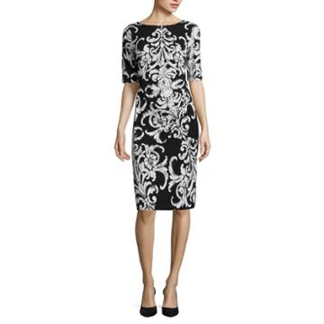 Connected Apparel Elbow Sleeve Scroll Sheath Dress