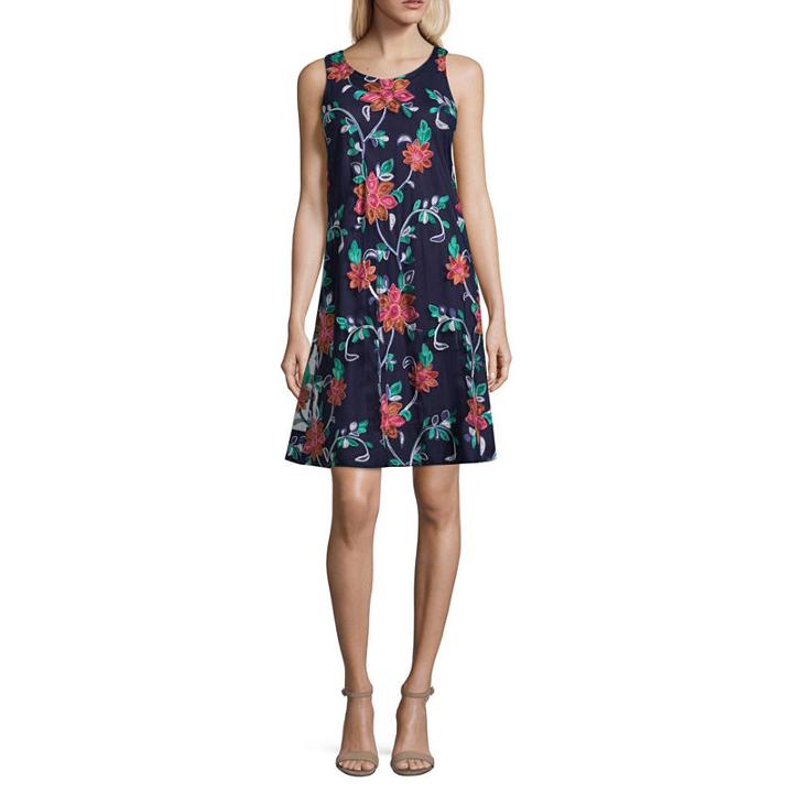 Robbie Bee Sleeveless Embroidered Floral A-line Dress-petites