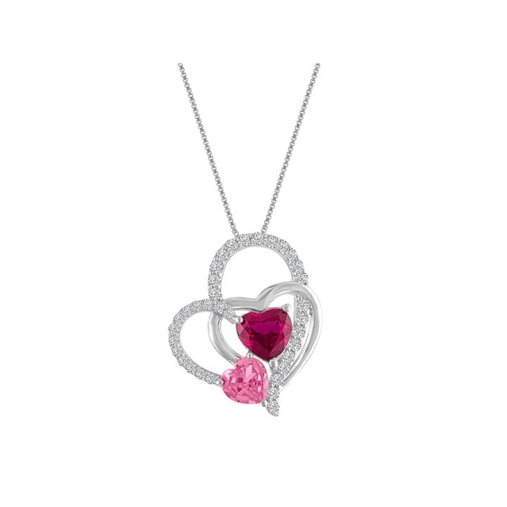 Lab-created Ruby & Pink & White Sapphire Sterling Silver Interlocking Heart Pendant Necklace
