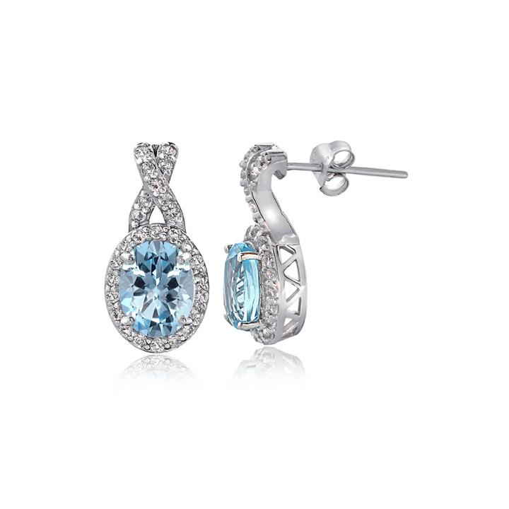 Silver Treasures Genuine Blue Topaz Cubic Zirconia Sterling Silver Oval Drop Earrings