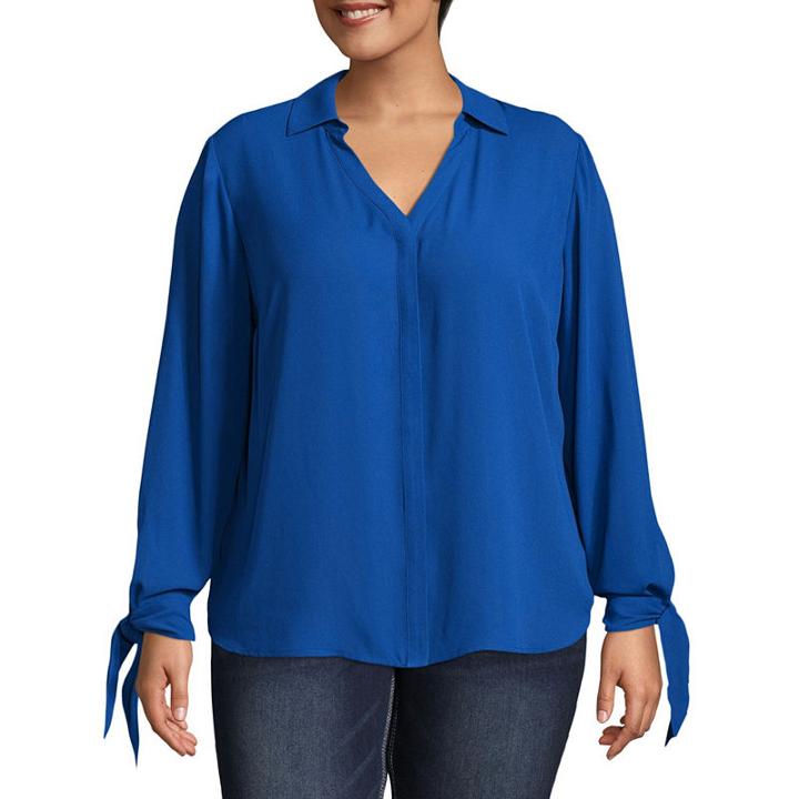 Worthington Long Sleeve Y Neck Woven Blouse-plus