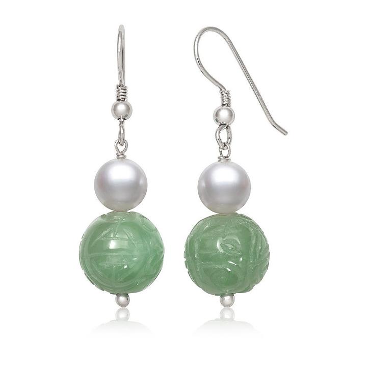 Green Jade Cultured Freshwater Pearls Sterling Silver Round Drop Earrings