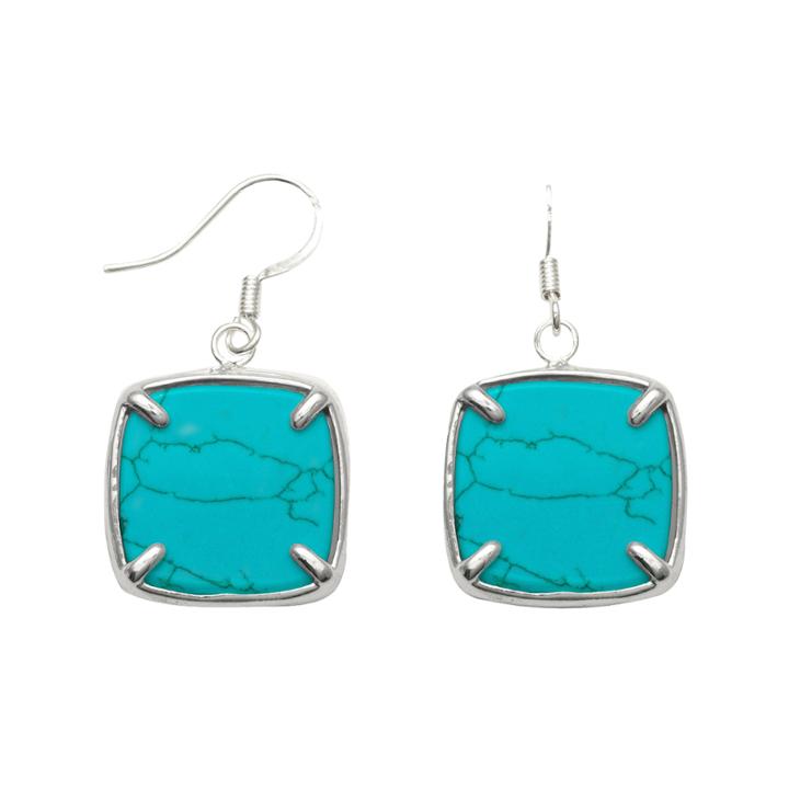 Genuine Restructured Turquoise Square Drop Earrings Sterling Silver