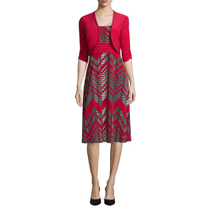 Perceptions Elbow-sleeve Chevron Bolero Print Jacket Dress