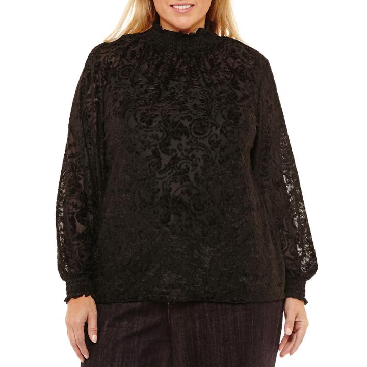 Liz Claiborne Smocked Neck Burnout Blouse-womens Plus