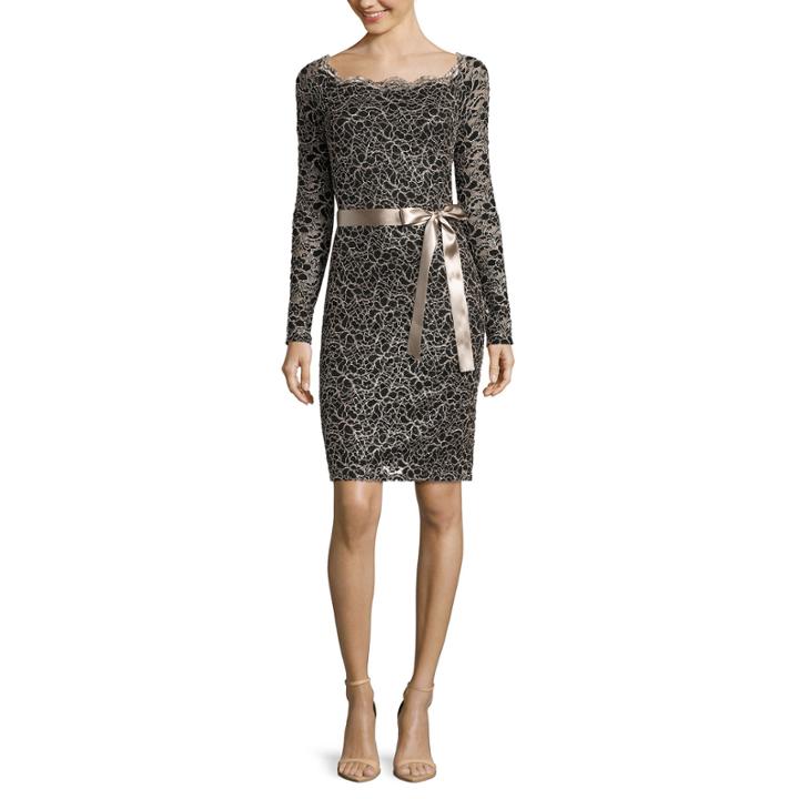 Blue Sage Long-sleeve Lace Sheath Dress With Ribbon Belt