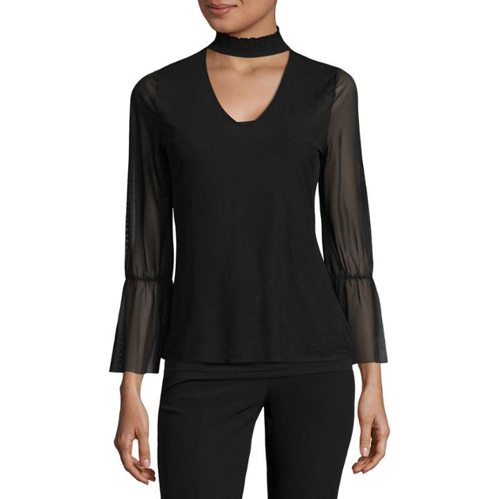 Almost Famous Long Sleeve V Neck Mesh Blouse-juniors