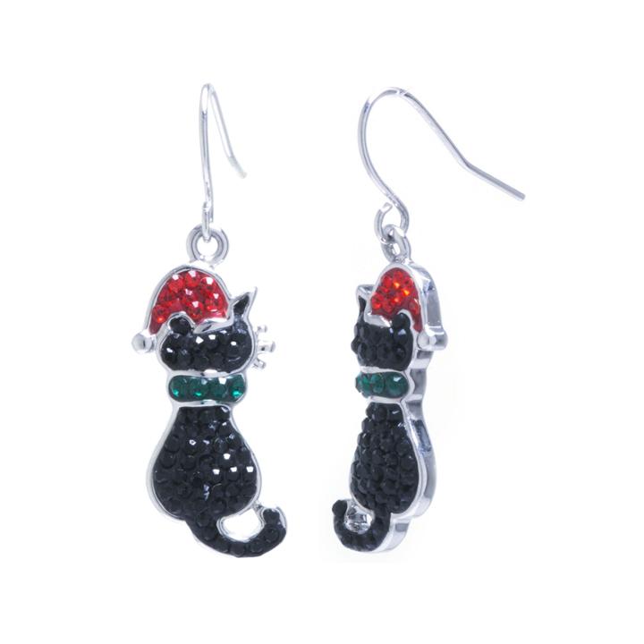 Sparkle Allure Cat Santa Hat Multi Color Crystal Silver Over Brass Drop Earrings