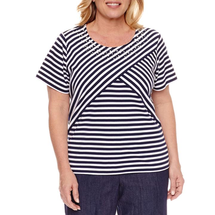 Alfred Dunner Short Sleeve Crew Neck Stripe T-shirt-womens Plus