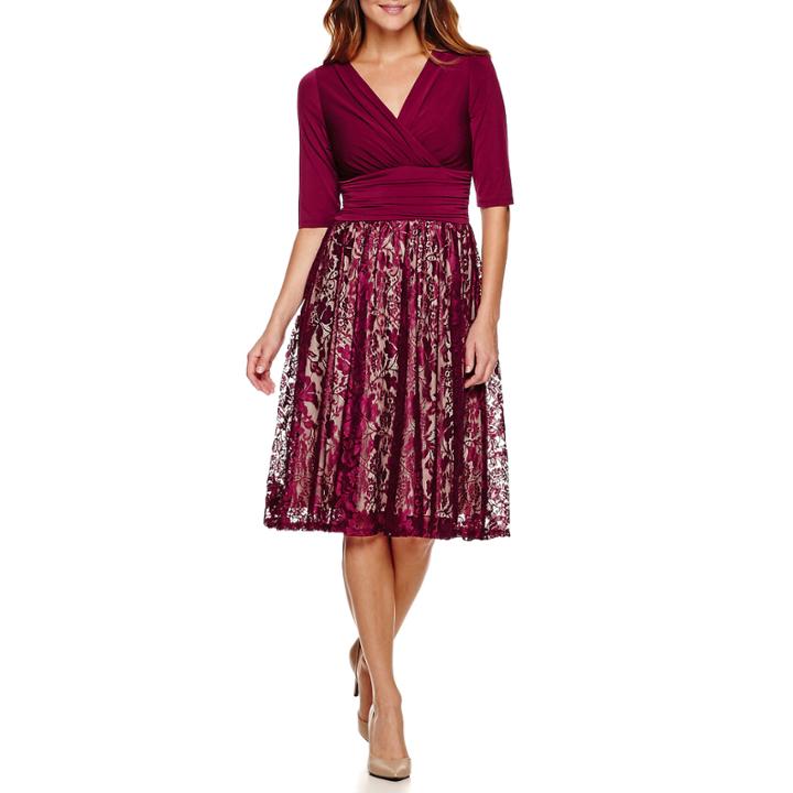 Melrose 3/4-sleeve Ruched-waist Lace Skirt Fit-and-flare Dress - Petite