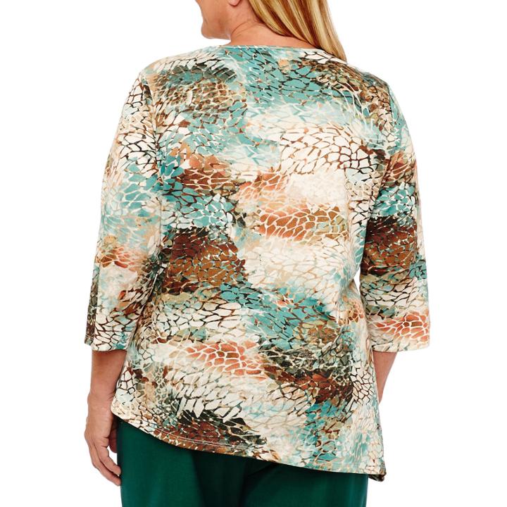Alfred Dunner Emerald Isle 3/4 Sleeve V Neck Animal T-shirt-womens Plus