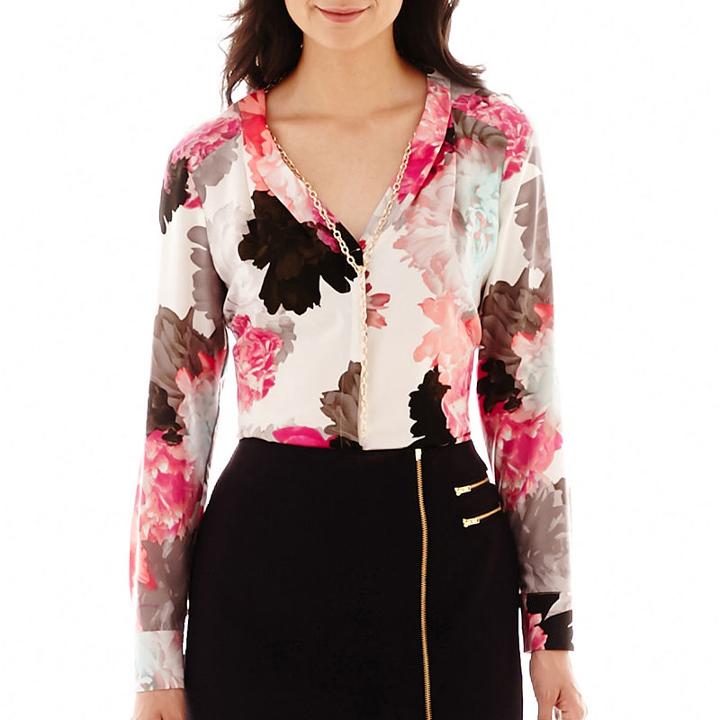 Worthington Long-sleeve V-neck Blouse With Necklace