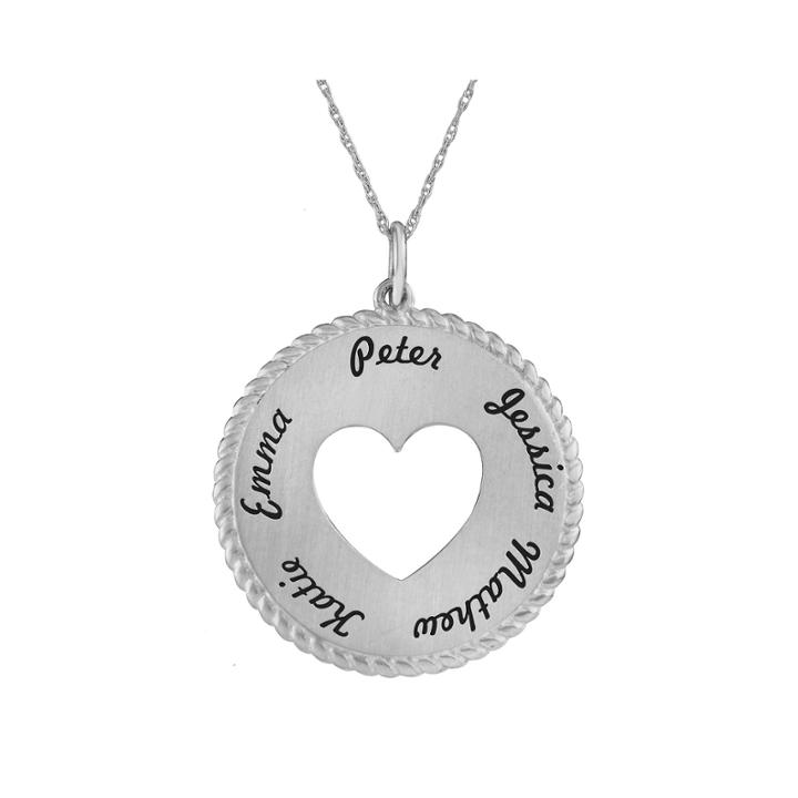 Personalized Sterling Silver Round Disc Heart Pendant Necklace