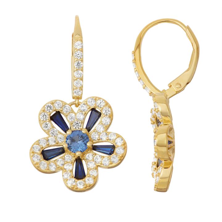 Lab-created Sapphire & White Sapphire 14k Gold Over Silver Leverback Earrings