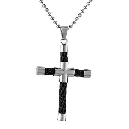Mens Stainless Steel & Black Ip Cable Cross Pendant Necklace