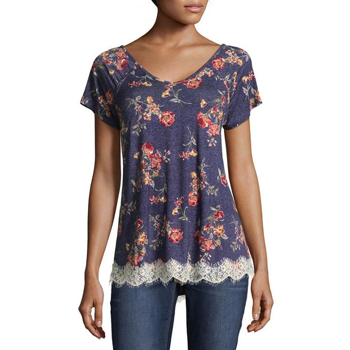 Rewind Short Sleeve V Neck Floral T-shirt-womens Juniors