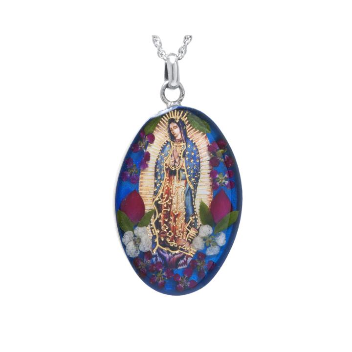 Sterling Silver Our Lady Of Guadalupe Pressed Flower Pendant Necklace