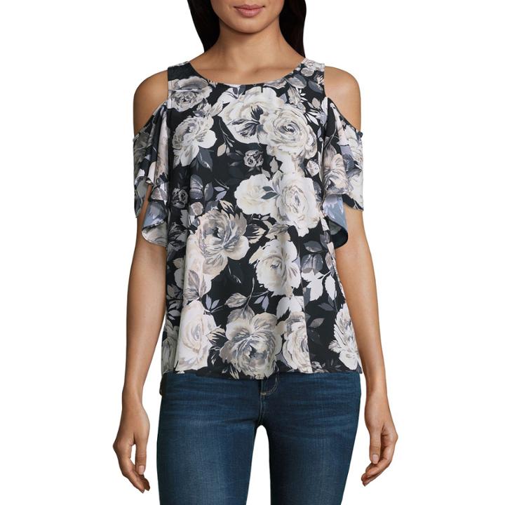 By & By Short Sleeve Crew Neck Satin Floral Blouse-juniors