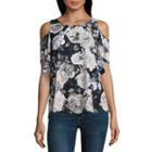 By & By Short Sleeve Crew Neck Satin Floral Blouse-juniors