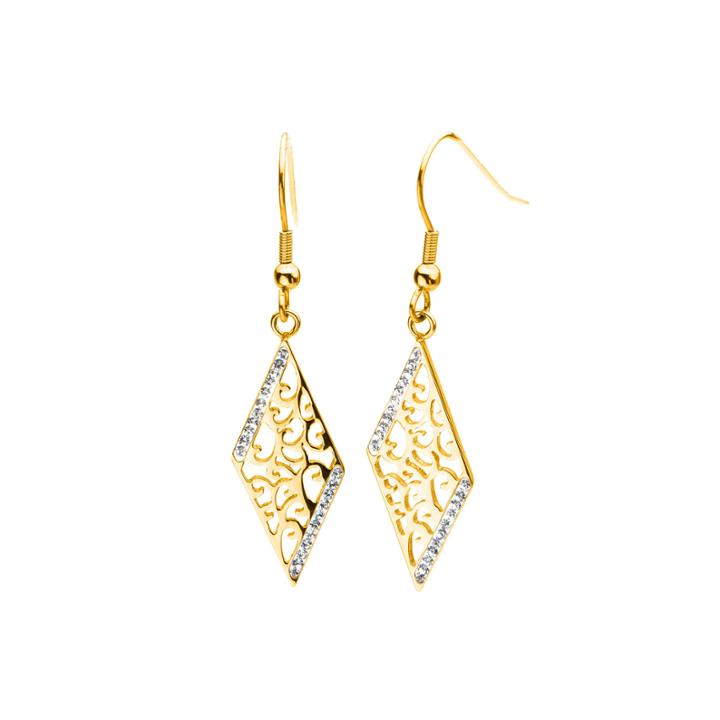 Yellow Gold Ip Stainless Steel Crystal Rhombus Drop Earrings