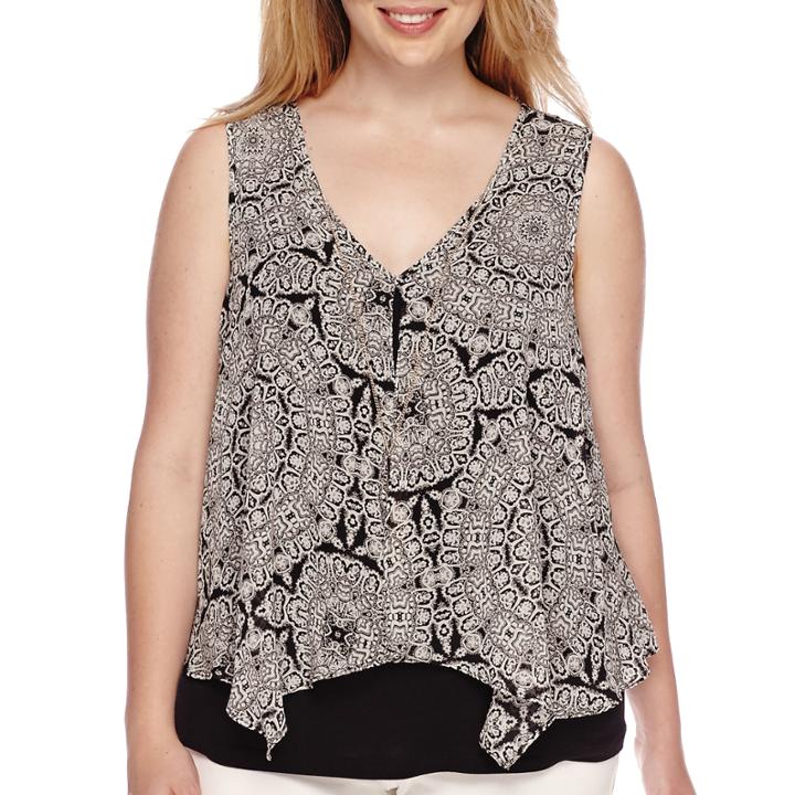 By & By Sleeveless Knit-to-woven Top With Necklace - Juniors Plus