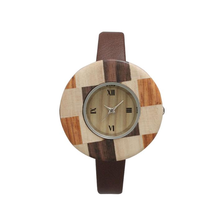 Olivia Pratt Faux Wood Bezel Brown Checker Petite Leather Watch 26265wbrown Checker