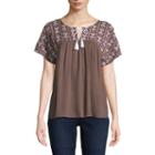St. John's Bay Embroidered Short Sleeve Cap Sleeve Peasant Top
