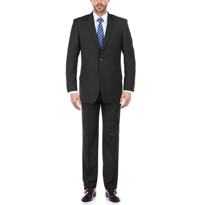 Verno Men's Black 100% Wool Slim Fit Double Vent Two Piece Suit