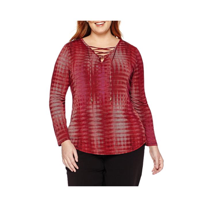 Worthington Long Sleeve Lace Up Tee - Plus