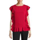 Liz Claiborne Crew Neck Ruffle Sleeve Blouse- Talls