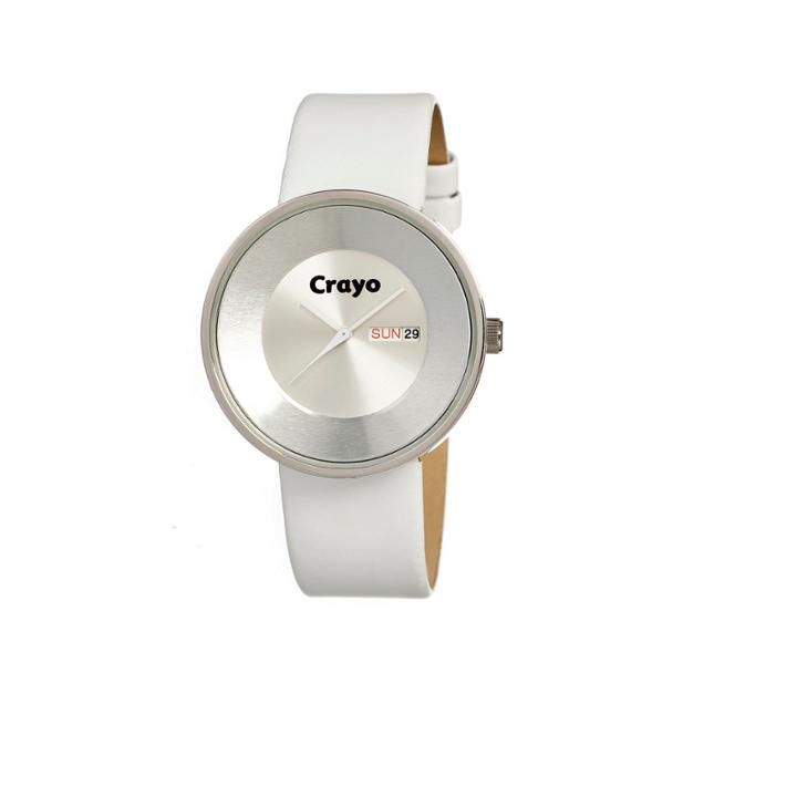 Crayo Unisex Button White Leather-band Watch With Day & Date Cracr0208