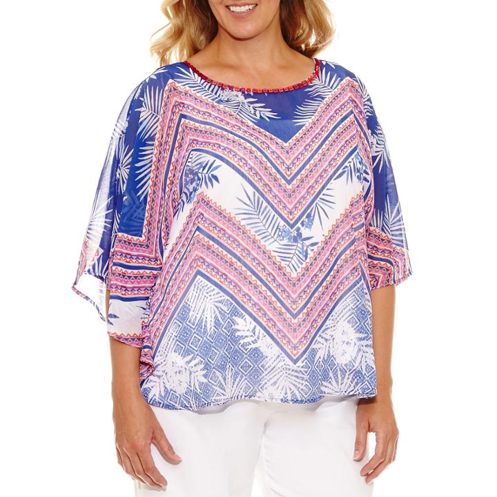 Lark Lane Viva Antigua Short Sleeve Scoop Neck Chiffon Blouse-plus