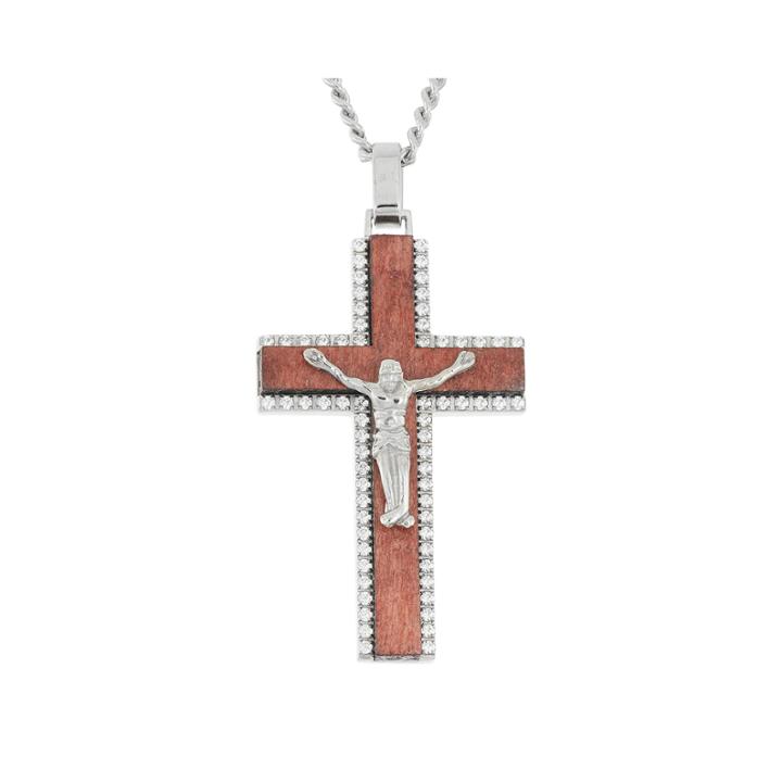 Mens Stainless Steel & Wood Crucifix Pendant