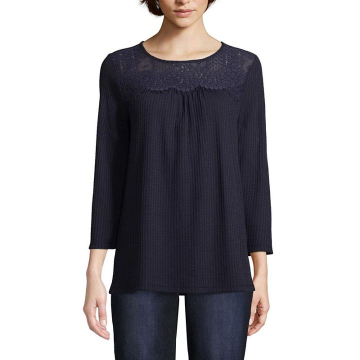 St. John's Bay 3/4 Sleeve Round Neck Lace Blouse
